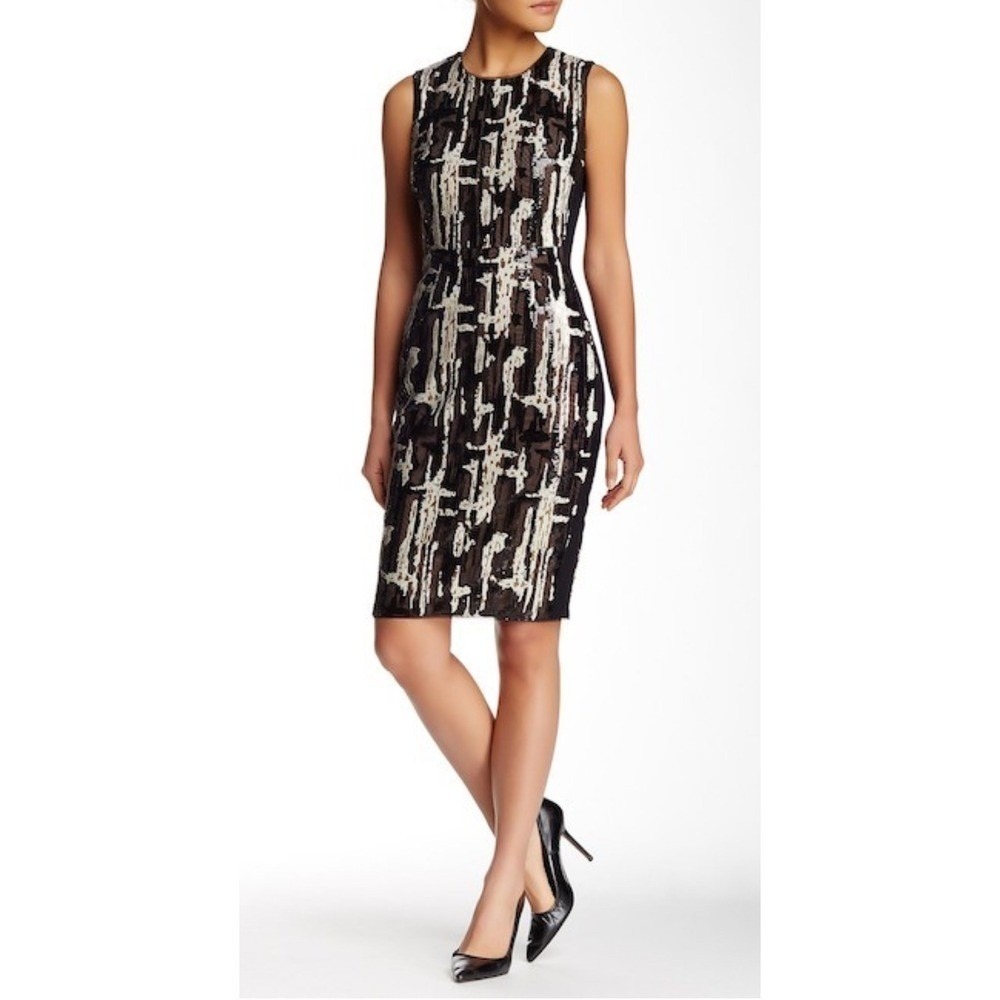 BCBGMAXAZRIA Larisa Sequin Sheath Dress Black Gold Size 8 NWT